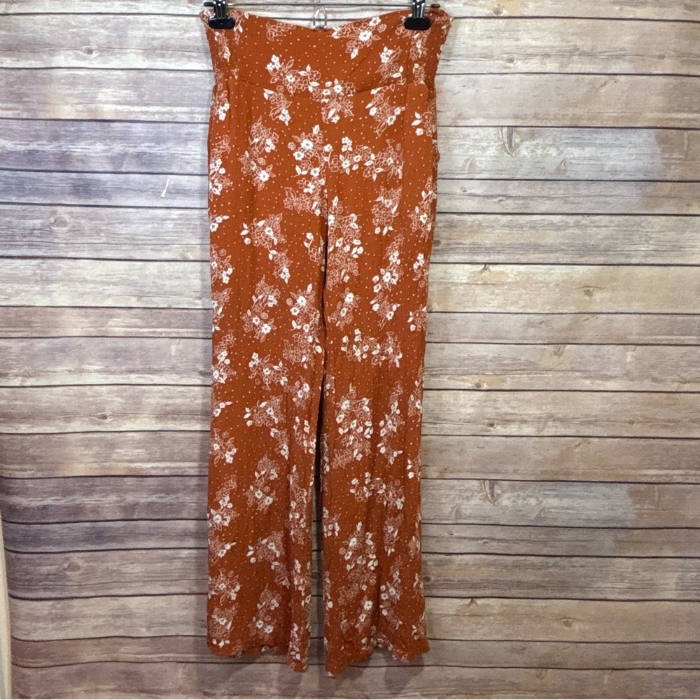 Three Dots Burnt Orange Floral Pull-On Wide Leg Lounge Pants Size Small - Picture 2 of 8
